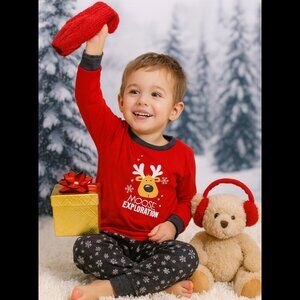 Kids Moose Exploration Christmas Pajama Set – Red Reindeer Top & Snowflake Pants